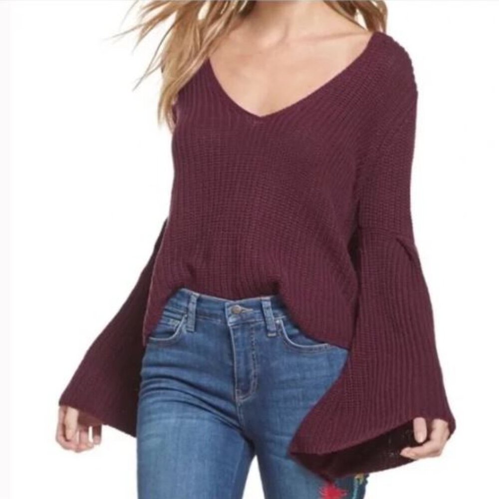 Free People Damsel Bell Sleeve V Neck Sweater  Size L